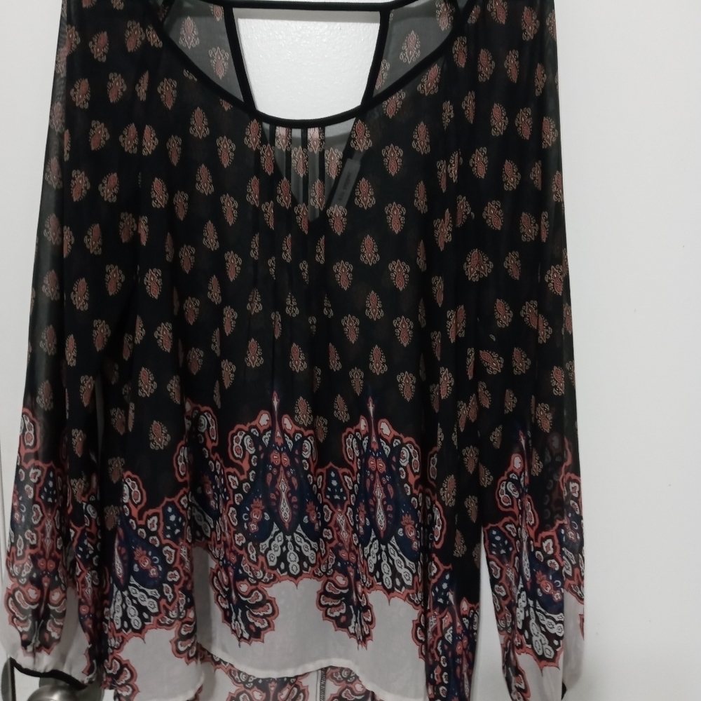 Blu pepper sheer paisley blouse with long puff sleeves